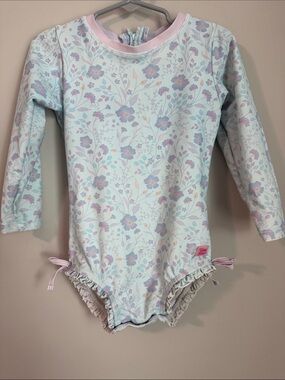 Ruffle Butts Pastel Floral Long-Sleeve One-Piece with Pink Trim
